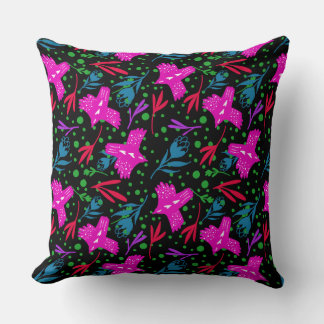 Doodle pattern flowers, leaves birds black backgro throw pillow