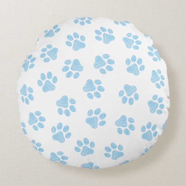 Doodle Paws, Dog Paws, Baby Blue Paws Round Pillow (Front)