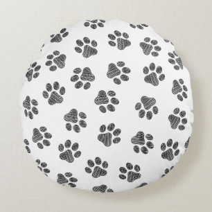 Doodle Paws, Dog Paws, Black Paws Round Pillow