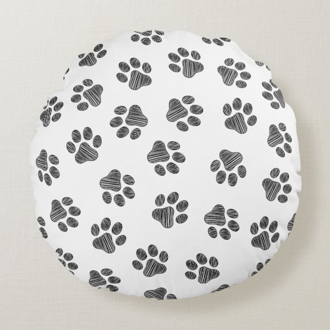 Doodle Paws, Dog Paws, Black Paws Round Pillow (Front)