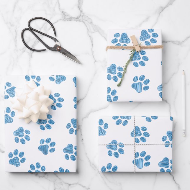 Doodle Paws, Dog Paws, Blue Paws Wrapping Paper Sheet (Front)