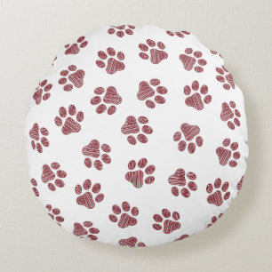 Doodle Paws, Dog Paws, Burgundy Paws Round Pillow