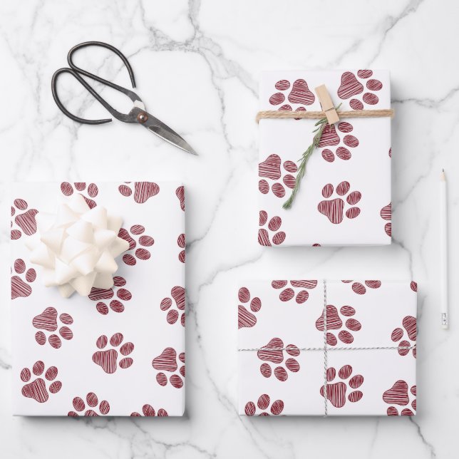 Doodle Paws, Dog Paws, Burgundy Paws Wrapping Paper Sheet (Front)