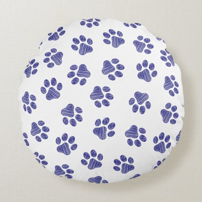 Doodle Paws, Dog Paws, Navy Blue Paws Round Pillow (Front)