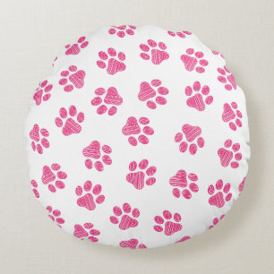 Doodle Paws, Dog Paws, Pink Paws Round Pillow