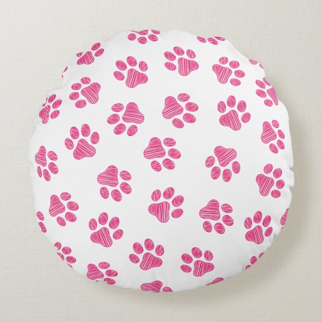 Doodle Paws, Dog Paws, Pink Paws Round Pillow (Front)