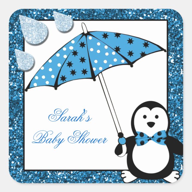 Doodle Penguin Boy Baby Shower Square Sticker (Front)