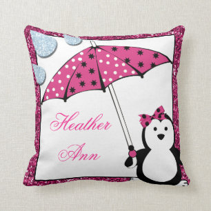 Doodle Penguin Girl Baby Shower Throw Pillow