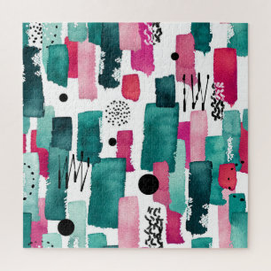 Doodle pink and green watercolor lines. jigsaw puzzle