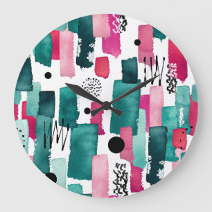 Doodle pink and green watercolor lines. large clock