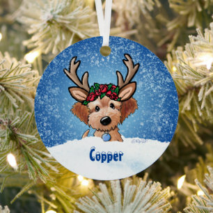 Doodle Puppy Reindeer Christmas Metal Ornament