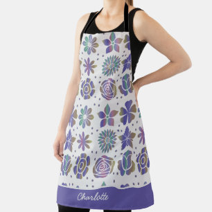Doodle purple floral pattern personalized name apron