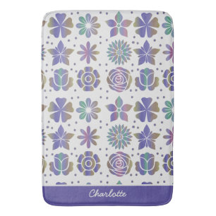 Doodle purple floral pattern personalized name  bath mat