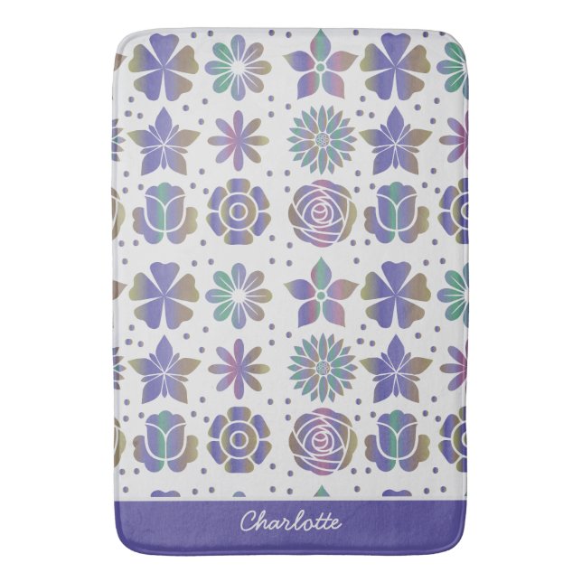 Doodle purple floral pattern personalized name  bath mat (Front Vertical)