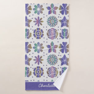 Doodle purple floral pattern personalized name  bath towel