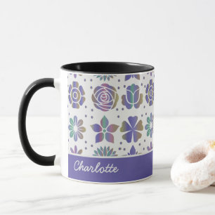 Doodle purple floral pattern personalized name mug