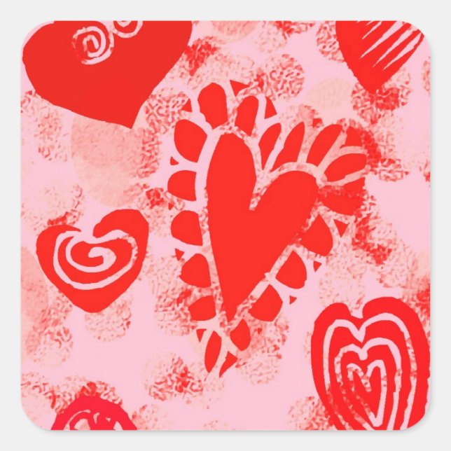 Doodle Red Valentine Heart Square Stickers (Front)