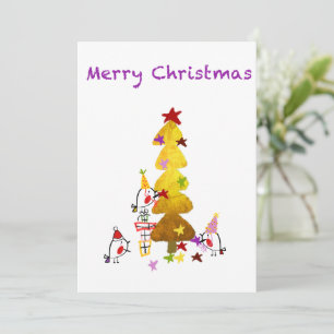 Doodle Robins Golden Tree   Carte de Noël
