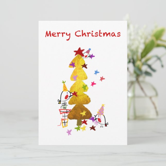 Doodle Robins Golden Tree Carte de Noël (Debout devant)
