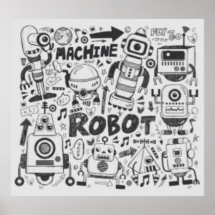 doodle robot element, illustrator line tools drawi poster