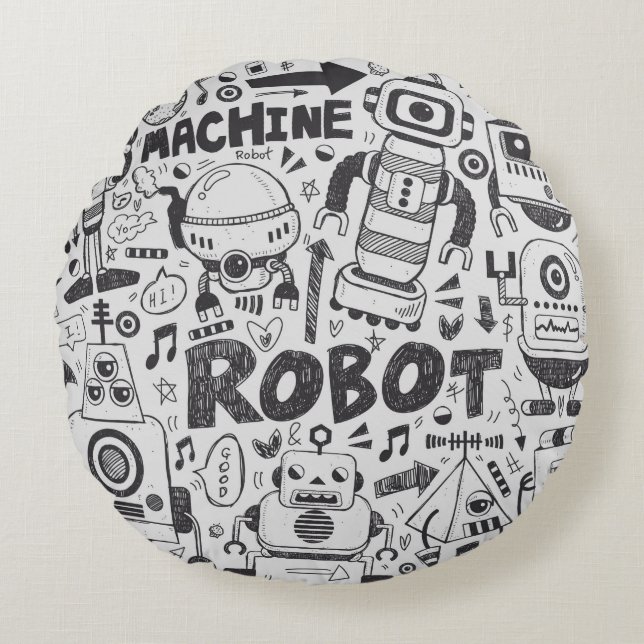 doodle robot element, illustrator line tools drawi round pillow (Front)