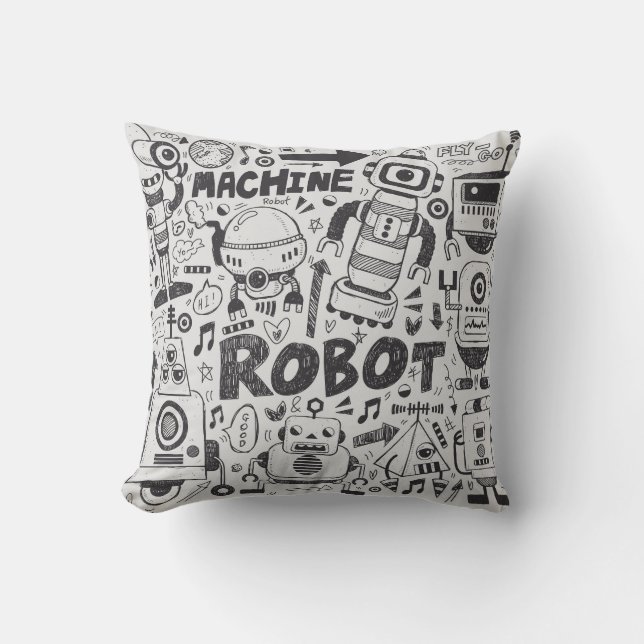 Doodle Robot Illustrator Drawing Throw Pillow (Front)