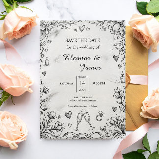 Doodle Romantic Rustic Hand Drawn Wedding Save The Date
