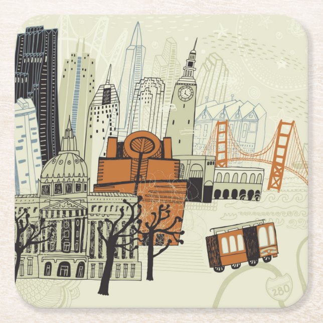 Doodle San Francisco Scene Square Paper Coaster (Front)