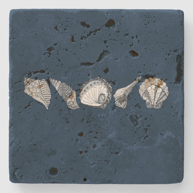Doodle Seashells in Your Choice  Background Colour Stone Coaster (Front)