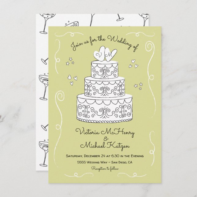 Doodle Sketch Funky Wedding Cake Invitation (Front/Back)