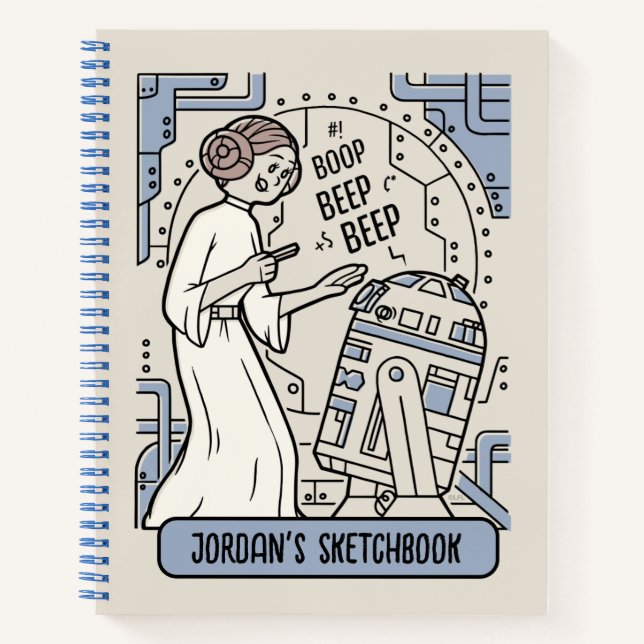 Doodle Sketch Leia & R2-D2 on Death Star Drawing Notebook (Front)