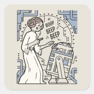 Doodle Sketch Leia & R2-D2 on Death Star Square Sticker