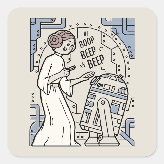 Doodle Sketch Leia & R2-D2 on Death Star Square Sticker (Front)