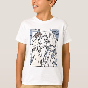 Doodle Sketch Leia & R2-D2 on Death Star T-Shirt