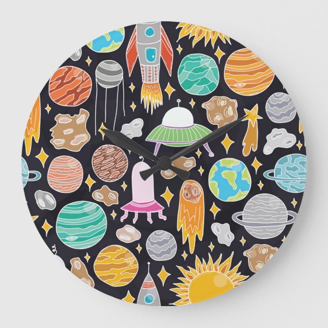 Doodle Space: Hand-Drawn Vintage Cosmos. Large Clock (Front)