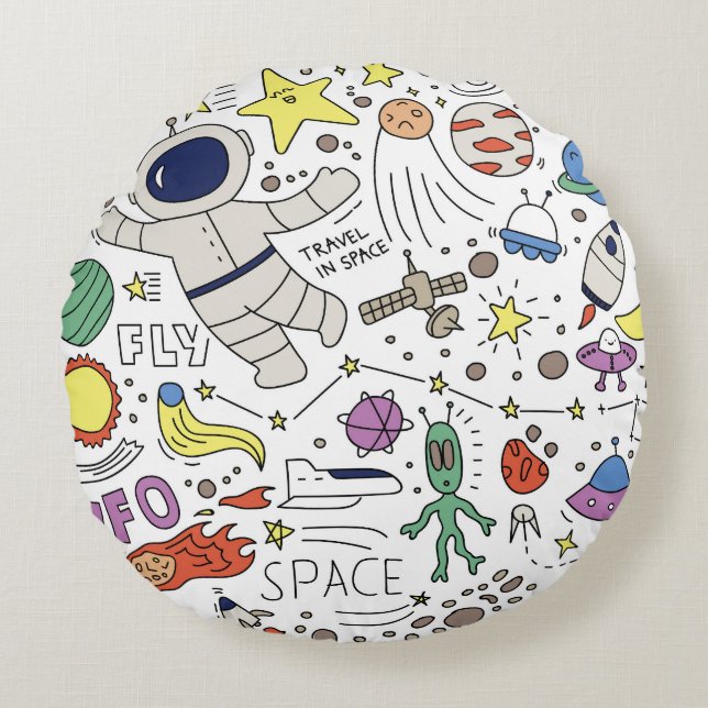 Doodle style, space theme illustration. round pillow (Front)