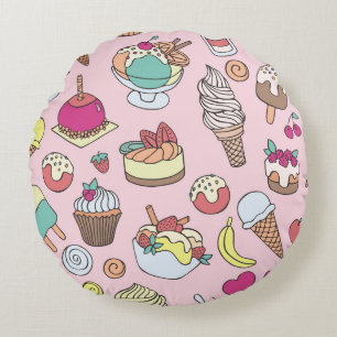 Doodle Sweets Ice Cream: Hand Drawn Illustration Round Pillow