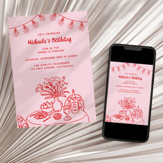 Doodle Table & String Light Adult's Birthday Party Invitation