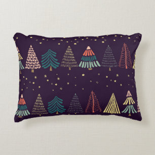 Doodle trees, stars, dark blue. accent pillow