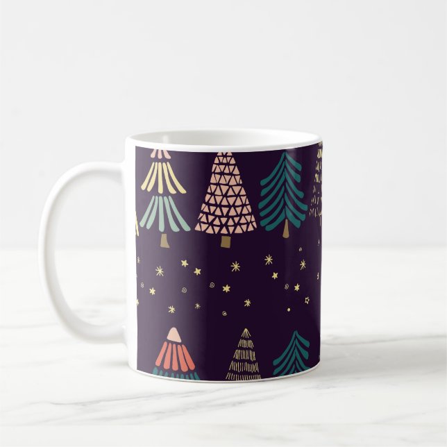 Doodle trees, stars, dark blue. coffee mug (Left)