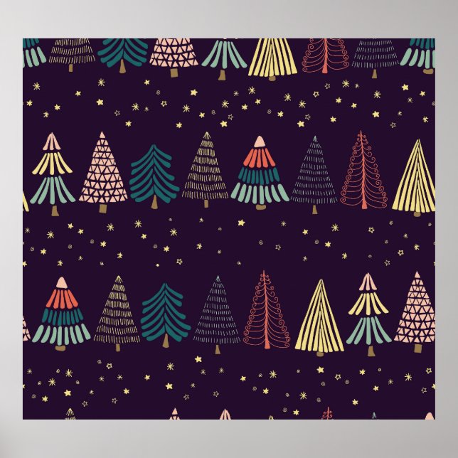 Doodle trees, stars, dark blue. poster (Front)