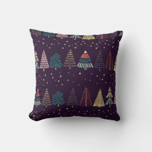 Doodle trees, stars, dark blue. throw pillow