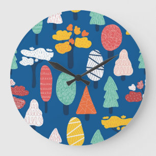 Doodle Trees: Vintage Kids Background. Large Clock