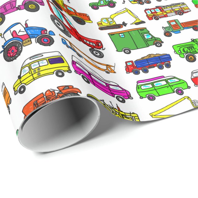 Doodle Trucks Vans and Automobiles Wrapping Paper (Roll Corner)