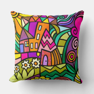 Doodle Wonderland Abstract Country Scene Throw Pillow