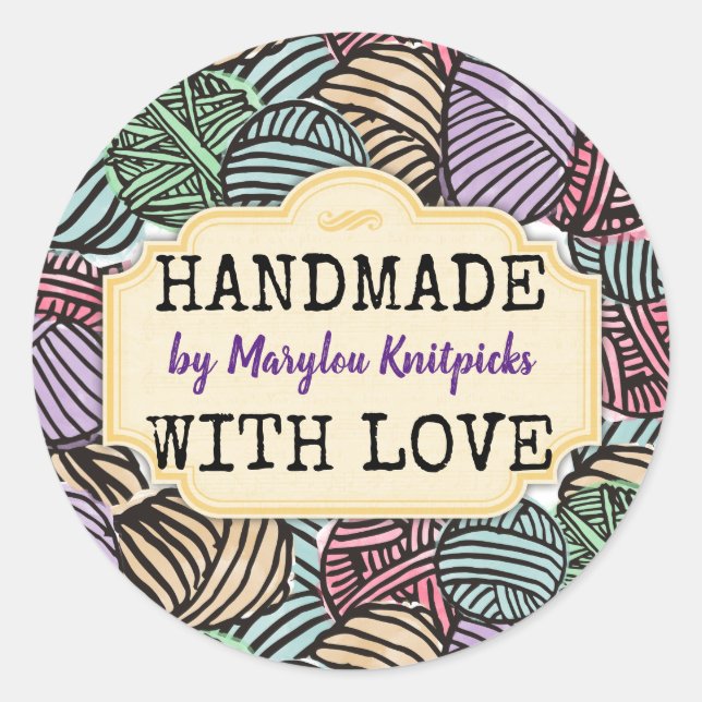 Doodle yarn knitting crochet handmade with love classic round sticker (Front)