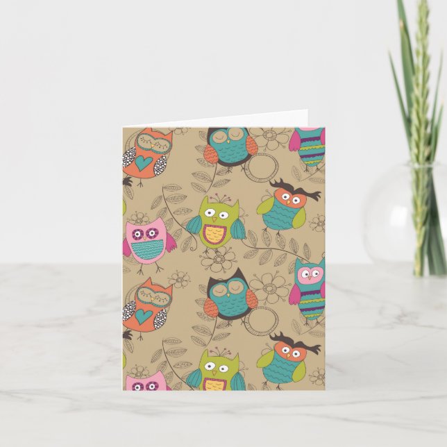 Doodled owls on beige background card (Front)