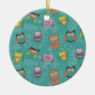 Doodled Owls on Teal Ceramic Ornament