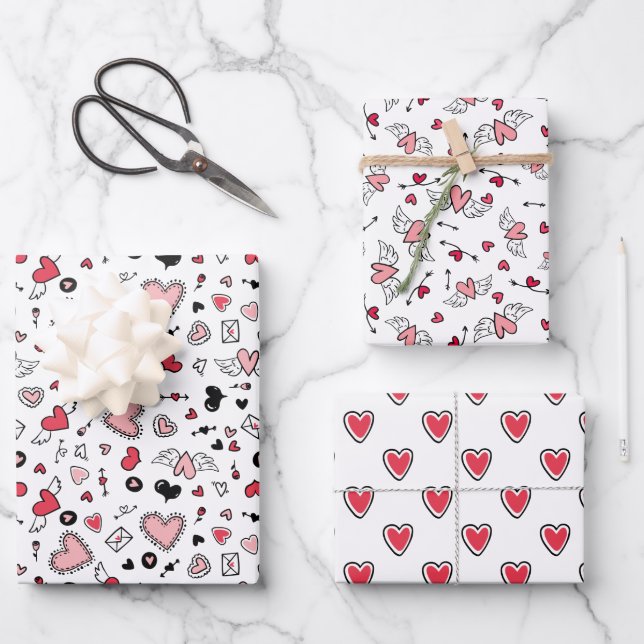 Doodled Pink Heart Patterns Love Valentine's Day Wrapping Paper Sheet (Front)