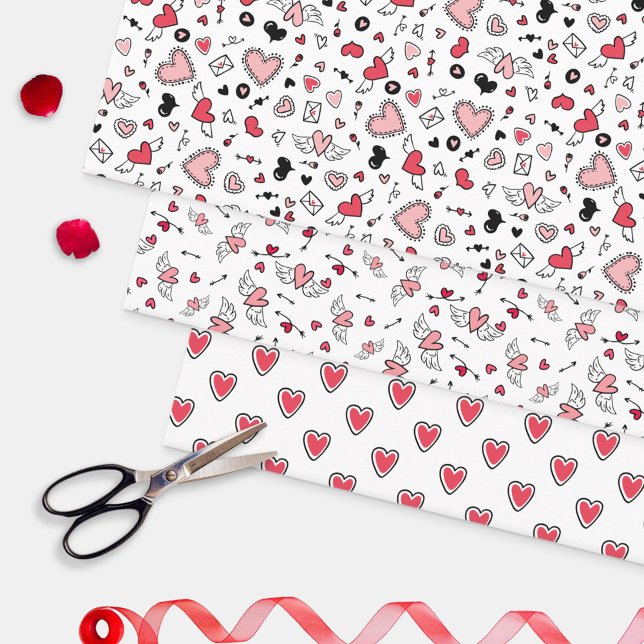 Doodled Pink Heart Patterns Love Valentine's Day Wrapping Paper Sheet (Creator Uploaded)